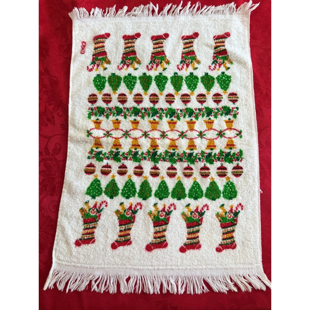 VTG Barth Dreyfuss Christmas Hand Towel Fringed Holiday Towel, 1980s Made in USA